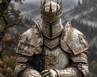 Royal Knight Armor Set, White Gold Full Body Suit, Medieval, Crown Helmet, LARP