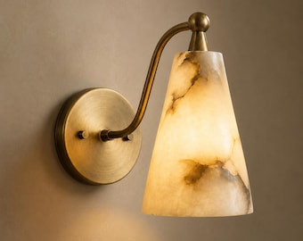 Alabaster Cone Wall Sconce: Handmade Brass Mid Century Modern Light Fixture