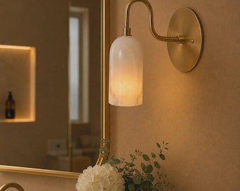 Alabaster Brass Wall Sconce: Modern Natural Stone Mid Century Lighting
