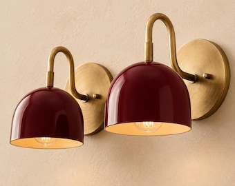 Burgundy Brass Dome Sconce | Mid Century Modern Plug-In Wall Light