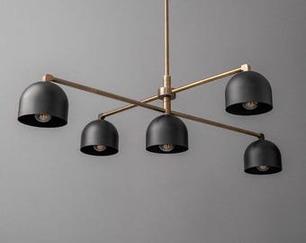 Lustre moderno de 5 luzes, luminária pendente em forma de cúpula preta, luminária de teto em latão de meados do século XX, iluminação para ilha de cozinha, luminária linear minimalista.