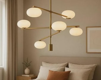 Opal Glass Globes Modern Brass Chandelier: Mid Century Pendant Light, Sputnik Ceiling Lighting for Dining Room, Living Room Hallway Lighting