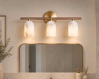 Modern Handcrafted Brass Alabaster Vanity 3-Light Italian Wall Lamp Stone Shade Fixture