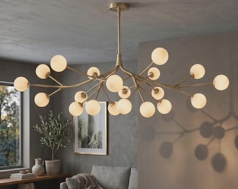 Luxury Brass Branch Chandelier – 20 Light Mid Century Opal Glass Fixture, Modern Statement Light