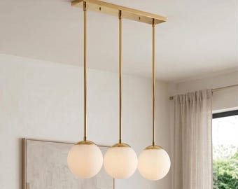 3 Globe Brass Pendant Light | Linear Chandelier, Frosted Glass, Mid Century Ceiling Fixture
