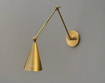 Adjustable Brass Wall Sconce – Modern Cone Shade Swing Arm Light Fixture