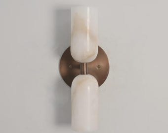 Handmade Brass Dual Alabaster Sconce: Mid Century Modern Wall Light Fixture