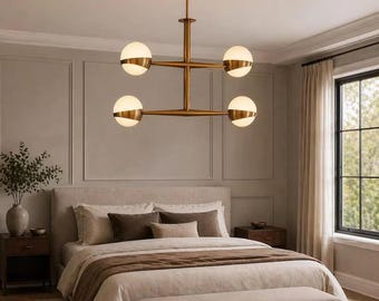 Modern Brass 4 Globe Chandelier | Luxury Mid Century Ceiling Light | Handmade Designer Pendant Fixture