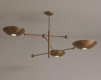 Mid Century Modern Ceiling Light, 3-Light Bowl Shade Pendant Brass Chandelier