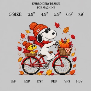 May include: Machine embroidery design featuring a white dog wearing an orange knit hat, red scarf, and sunglasses riding a red bicycle. A yellow bird sits in a front basket. Includes a pumpkin and autumn leaves. Sizes: 3.9", 4.9", 5.9", 6.9", 7.9".