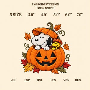 Puede incluir: Un diseño de bordado para máquina con un perro blanco y un pájaro amarillo dentro de una calabaza naranja tallada. El texto dice EMBROIDERY DESIGN FOR MACHINE, 5 SIZE, 3.9", 4.9", 5.9", 6.9", 7.9" y los formatos JEF, EXP, DST, PES, VP3, HUS.