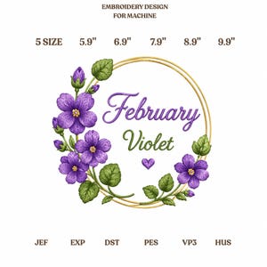 February Violet Birth Flower Embroidery Design, Birth Month Flower Machine Embroidery File, Floral Wreath Pattern