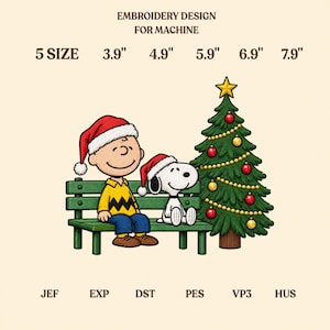 May include: Machine embroidery design featuring a cartoon boy in a yellow shirt and a white dog, both wearing red Santa hats, sitting on a green bench next to a decorated Christmas tree. Text includes EMBROIDERY DESIGN FOR MACHINE, 5 SIZE, 3.9", 4.9", 5.9", 6.9", 7.9", JEF, EXP, DST, PES, VP3, HUS.