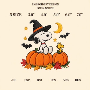 May include: Machine embroidery design featuring a white dog wearing a black witch hat sitting on an orange pumpkin next to a yellow bird on a smaller pumpkin, with stars, a crescent moon, and bats. Text reads: EMBROIDERY DESIGN FOR MACHINE, 5 SIZE 3.9" 4.9" 5.9" 6.9" 7.9", JEF EXP DST PES VP3 HUS.