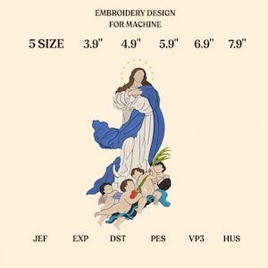 Puede incluir: Diseño de bordado para máquina con una figura en túnicas blancas y azules rodeada de querubines. Texto: EMBROIDERY DESIGN FOR MACHINE, 5 SIZE, 3.9", 4.9", 5.9", 6.9", 7.9", JEF, EXP, DST, PES, VP3, HUS. El diseño incluye un halo.