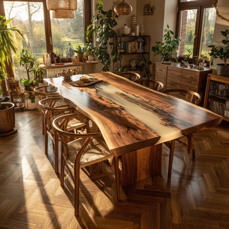 Op de afbeelding: Een grote, handgemaakte houten eettafel met een levende rand en een lichtgekleurde harsrivier. De tafel is omringd door houten stoelen met geweven zittingen. De kamer is gevuld met natuurlijk licht en groen.