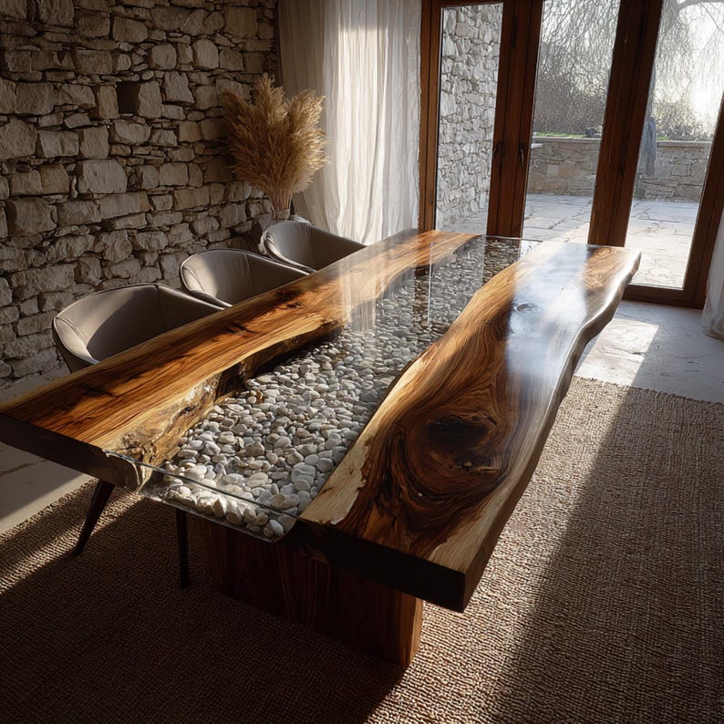 May include: A bespoke dining table featuring a live edge wooden top and a clear resin centre filled with white pebbles. The table has a natural wood grain finish and is supported by a wooden base. The table is approximately 244 cm long.