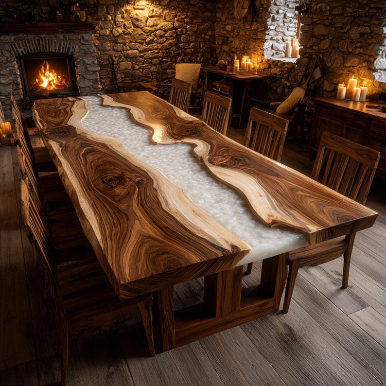 May include: A large, handcrafted wooden dining table with a unique design. The table features a live edge with a light-colored epoxy resin river running through the center. The wood has a rich, dark brown color with lighter streaks. The table is surrounded by matching wooden chairs.