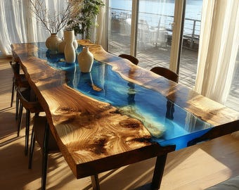 Mesa de comedor de nogal con resina epoxi, madera con borde natural, muebles artesanales personalizados.