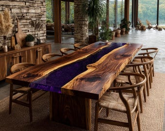 Mesa de comedor de nogal con resina epoxi, diseño River Design con borde natural, muebles rústicos modernos.
