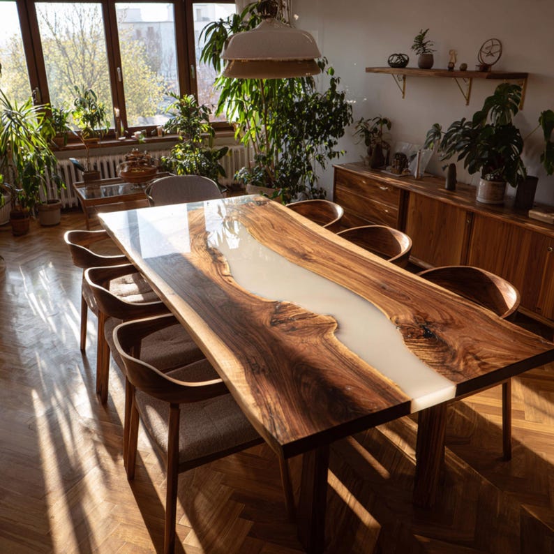 Op de afbeelding: Een grote, rechthoekige houten eettafel met een lichtgekleurde epoxyharsrivier in het midden. De tafel is omringd door houten stoelen met grijze gestoffeerde zittingen. De kamer heeft een warme sfeer met natuurlijk licht en kamerplanten.