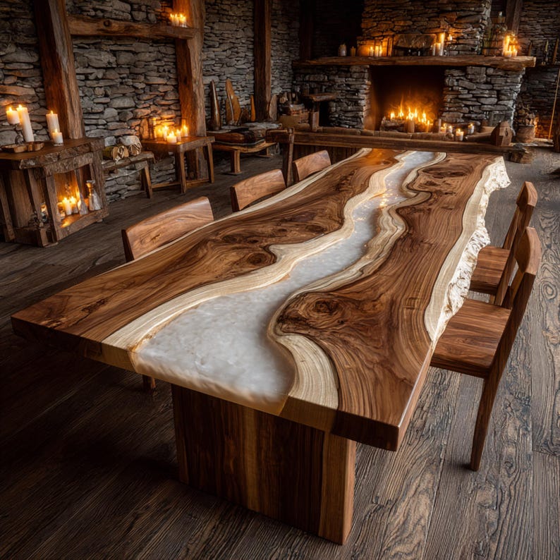 May include: A large, handcrafted wooden dining table with a river-like design. The table features a light-colored epoxy resin flowing through the center, surrounded by rich, dark wood. The table is supported by a solid wooden base and is surrounded by wooden chairs.