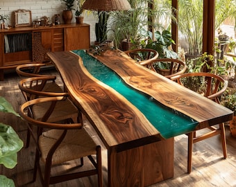 Mesa de comedor de nogal con resina epoxi, madera de río con borde natural, muebles hechos a mano a medida.