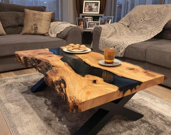 Mesa de centro artesanal de nogal con borde natural y resina epoxi, centro de mesa moderno de resina.