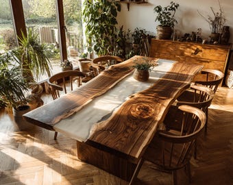 Mesa de comedor artesanal de nogal con resina epoxi, estilo rústico de granja con bordes naturales.