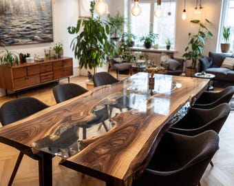Mesa de comedor de nogal con resina epoxi, hecha a mano, muebles rústicos de madera con borde natural.