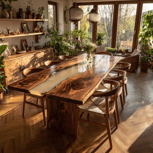 Op de afbeelding: Een grote, handgemaakte houten eettafel met een live edge design en een lichtgekleurde harsrivier. De tafel is omringd door houten stoelen met geweven zittingen. De kamer heeft grote ramen en is vol planten.