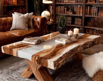 Mesa de centro de resina epoxi de nogal, centro de mesa rústico de madera con borde natural, muebles artesanales personalizados.