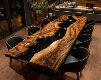 Mesa de comedor de nogal con resina epoxi, diseño de río con borde natural, muebles de madera hechos a mano a medida.