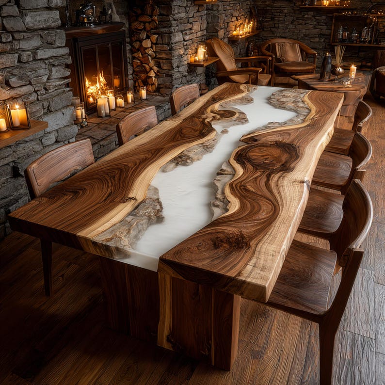 May include: A large, handcrafted wooden dining table with a white epoxy river running through the center. The table is surrounded by wooden chairs. The wood grain is visible, and the table is set in a rustic, cozy room with a fireplace.