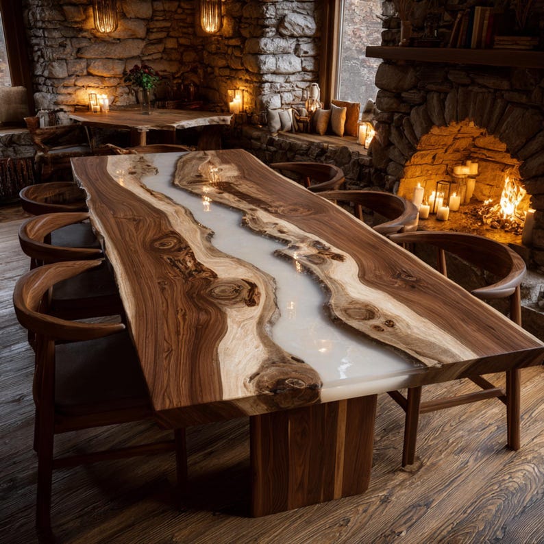 May include: A large, rectangular wooden dining table with a river of white resin running through the center. The table is supported by a solid wooden base and surrounded by wooden chairs. The table is approximately 100 inches long.