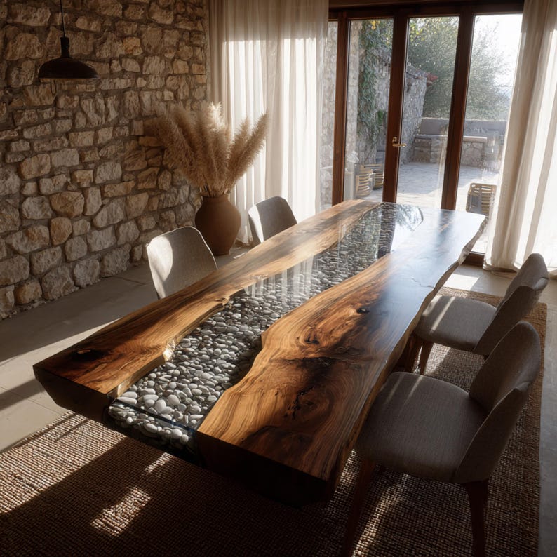 May include: A bespoke wooden dining table with a live edge design. The table has a central river of smooth, grey stones set in clear resin. Neutral-toned chairs surround the table, which rests on a woven rug. The room features stone walls and large windows.