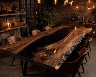 Mesa de comedor de nogal con resina epoxi, mueble rústico de madera maciza hecho a mano con borde natural.