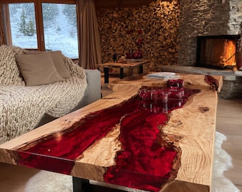 Mesa de centro de nogal con borde natural y resina epoxi, centro de mesa rústico de madera, diseño personalizado.