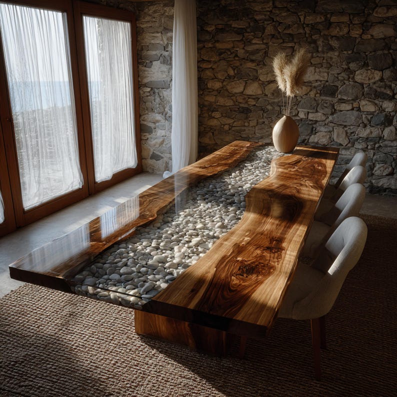 May include: A large, custom-made wooden dining table with a clear resin river filled with white pebbles. The table has a natural wood grain finish and is surrounded by six cream-colored chairs. The table is approximately 305 cm long.