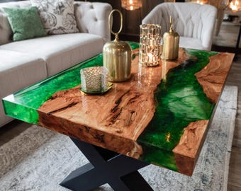 Mesa de centro de resina epoxi de nogal, madera natural con borde irregular, mesa de centro rústica