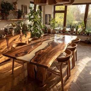 Op de afbeelding: Een grote, handgemaakte houten eettafel met een live edge design en een lichtgekleurde harsrivier. De tafel is omringd door bijpassende houten stoelen met geweven zittingen. De kamer is gevuld met natuurlijk licht en planten.