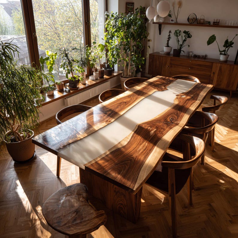 Op de afbeelding: Een grote, handgemaakte houten eettafel met een lichtgekleurde epoxyharsrivier in het midden. De tafel is omringd door bijpassende houten stoelen. De kamer heeft een groot raam en diverse potplanten.