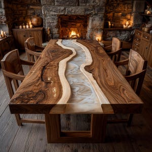 May include: A handcrafted wooden dining table with a river-like design. The table features a dark brown wood with a light-colored, flowing resin center. The table is surrounded by wooden chairs, creating a rustic and elegant dining set.
