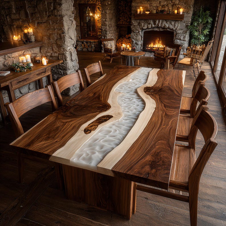 May include: A large, rectangular wooden dining table with a river-like design. The table features a dark brown wood border with a light-colored, wavy, white resin center. Surrounding the table are matching wooden chairs, creating a rustic dining set.
