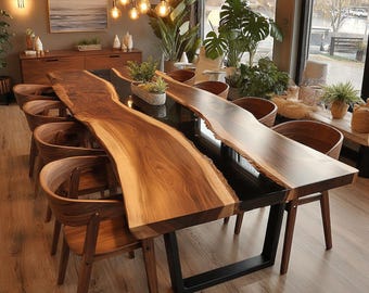 Mesa de comedor de nogal con resina epoxi, hecha a medida. Muebles rústicos de madera con borde natural.