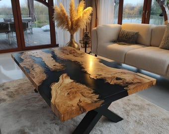 Mesa de centro de nogal con borde natural y resina epoxi, muebles modernos de madera de río.
