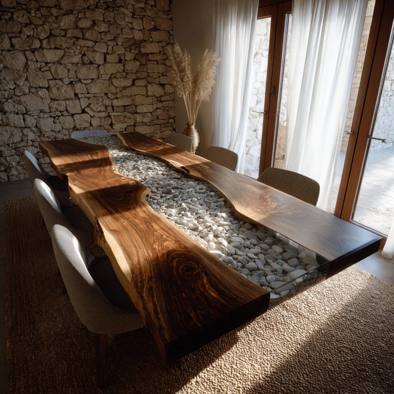 May include: A bespoke dining table with a live edge walnut top. The table has a central river of smooth, white stones set in clear resin. The table is surrounded by neutral-toned chairs. The table is approximately 300 cm long.