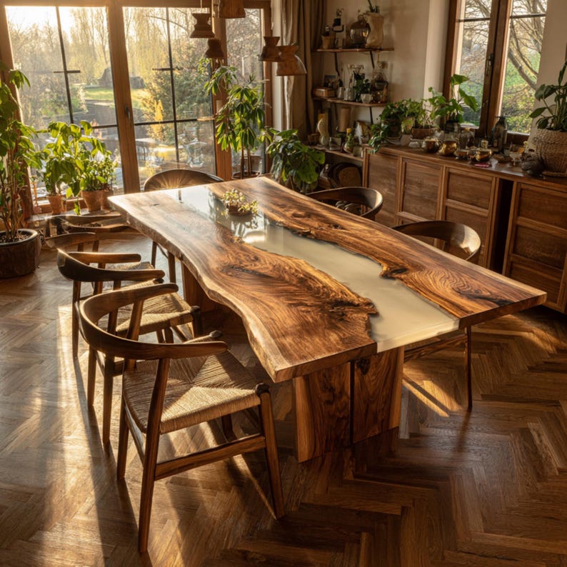 Op de afbeelding: Een grote houten eettafel met een natuurlijke rand en een lichtgekleurde epoxyhars rivier in het midden. De tafel wordt omringd door houten stoelen met geweven zittingen. De kamer is licht met grote ramen en kamerplanten.