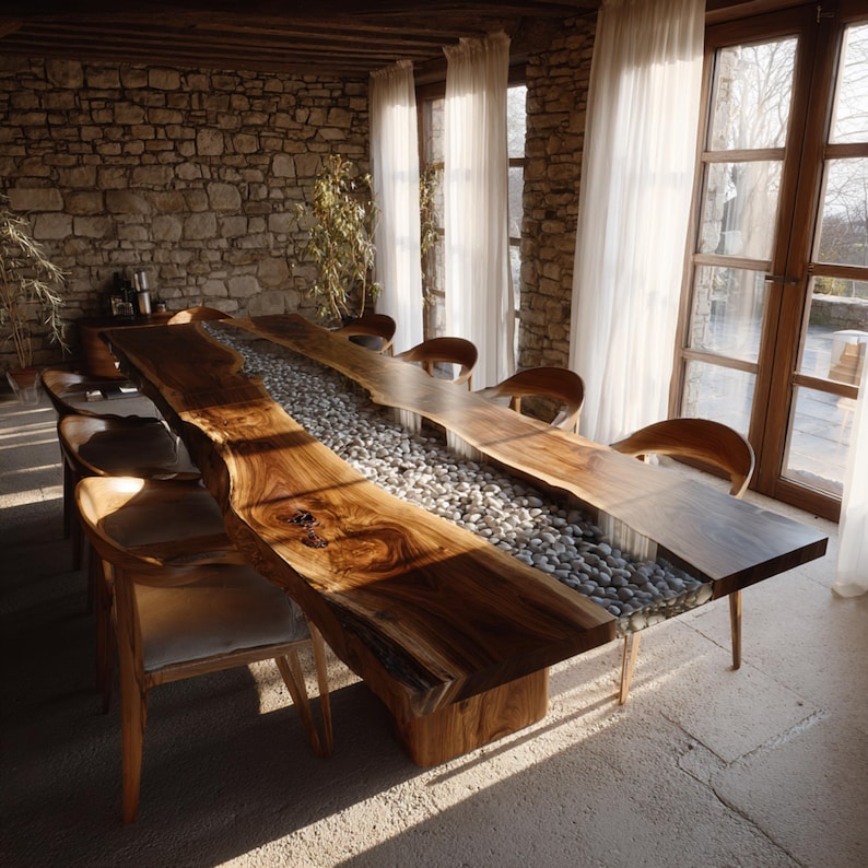 May include: A large, handcrafted wooden dining table with a live edge design. The table features a central trough filled with smooth, gray river stones. Surrounding the table are wooden chairs with light-colored upholstered seats. The table is approximately 305 cm long.