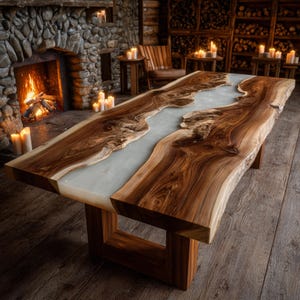 May include: A large, handcrafted wooden table with a light-colored resin river running through the center. The table has a natural edge and sits on a sturdy, square-shaped wooden base. The wood grain is visible, and the table is in a rustic setting.